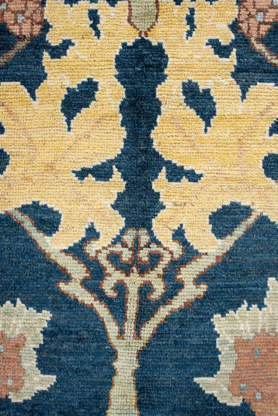 8' x 11' one-of-a-kind handmade vintage Arts & Crafts large size rug. Color palette: navy, sage, gold, terra cotta, ivory