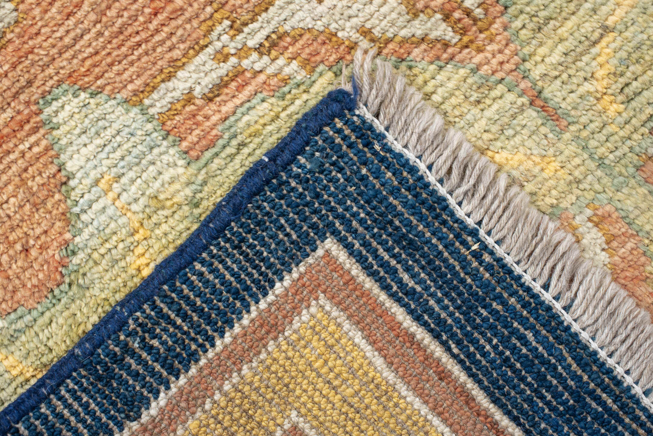 8' x 11' one-of-a-kind handmade vintage Arts & Crafts large size rug. Color palette: navy, sage, gold, terra cotta, ivory