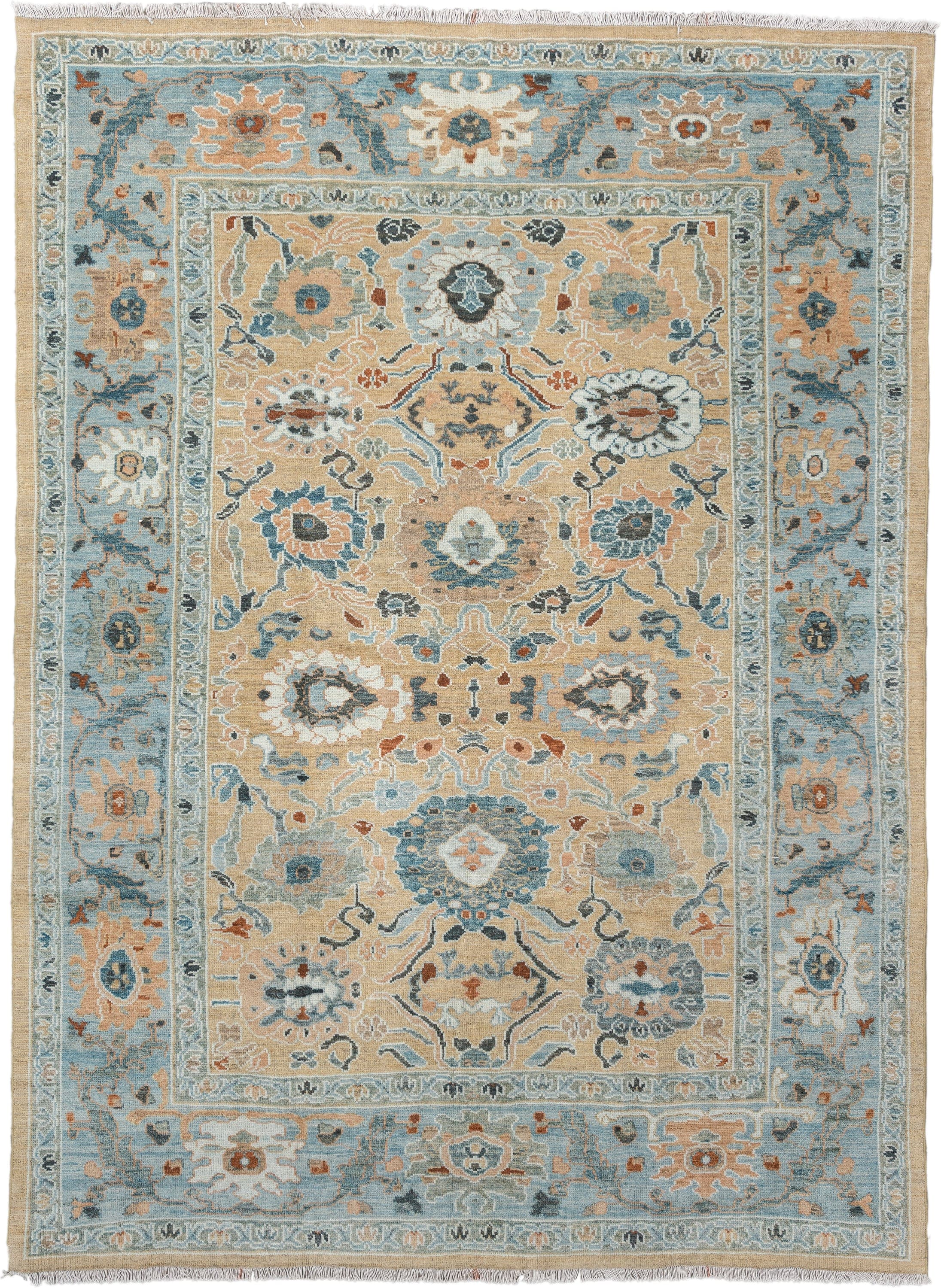 7' x 9' one-of-a-kind handmade vintage Sultanabad large size rug. Color palette: sky blue, tan, ivory, slate, camel, rust