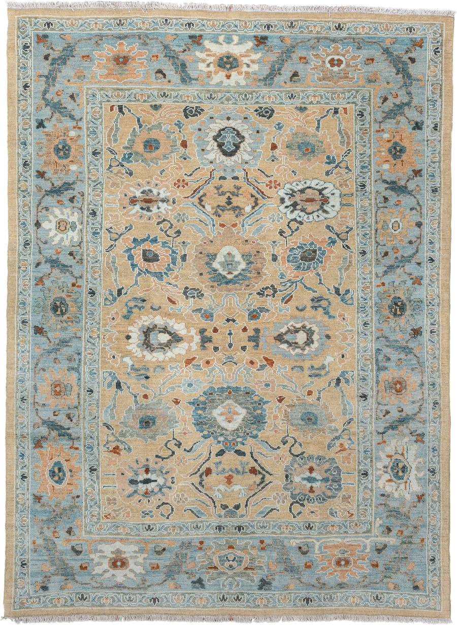 7' x 9' one-of-a-kind handmade vintage Sultanabad large size rug. Color palette: sky blue, tan, ivory, slate, camel, rust