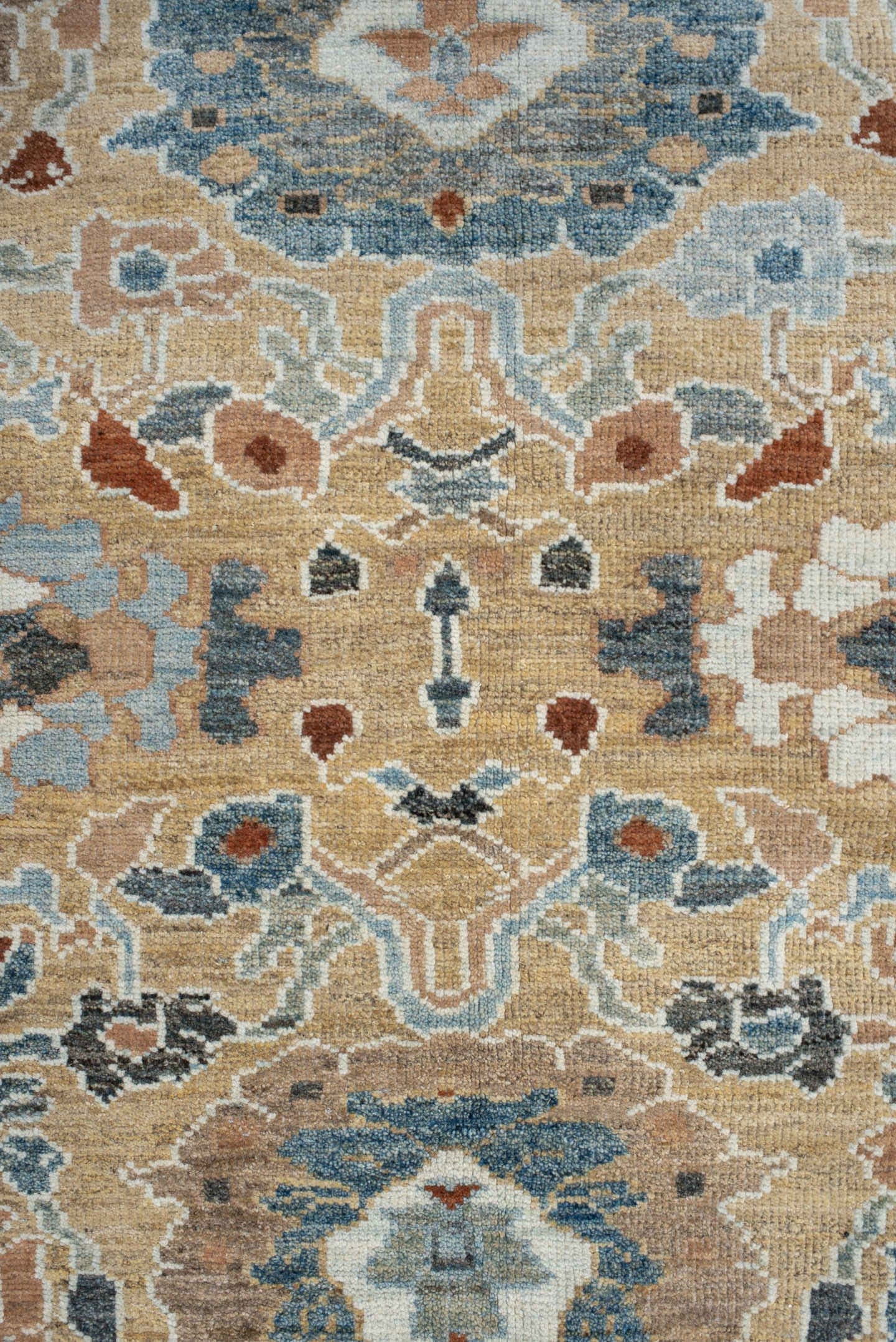 7' x 9' one-of-a-kind handmade vintage Sultanabad large size rug. Color palette: sky blue, tan, ivory, slate, camel, rust
