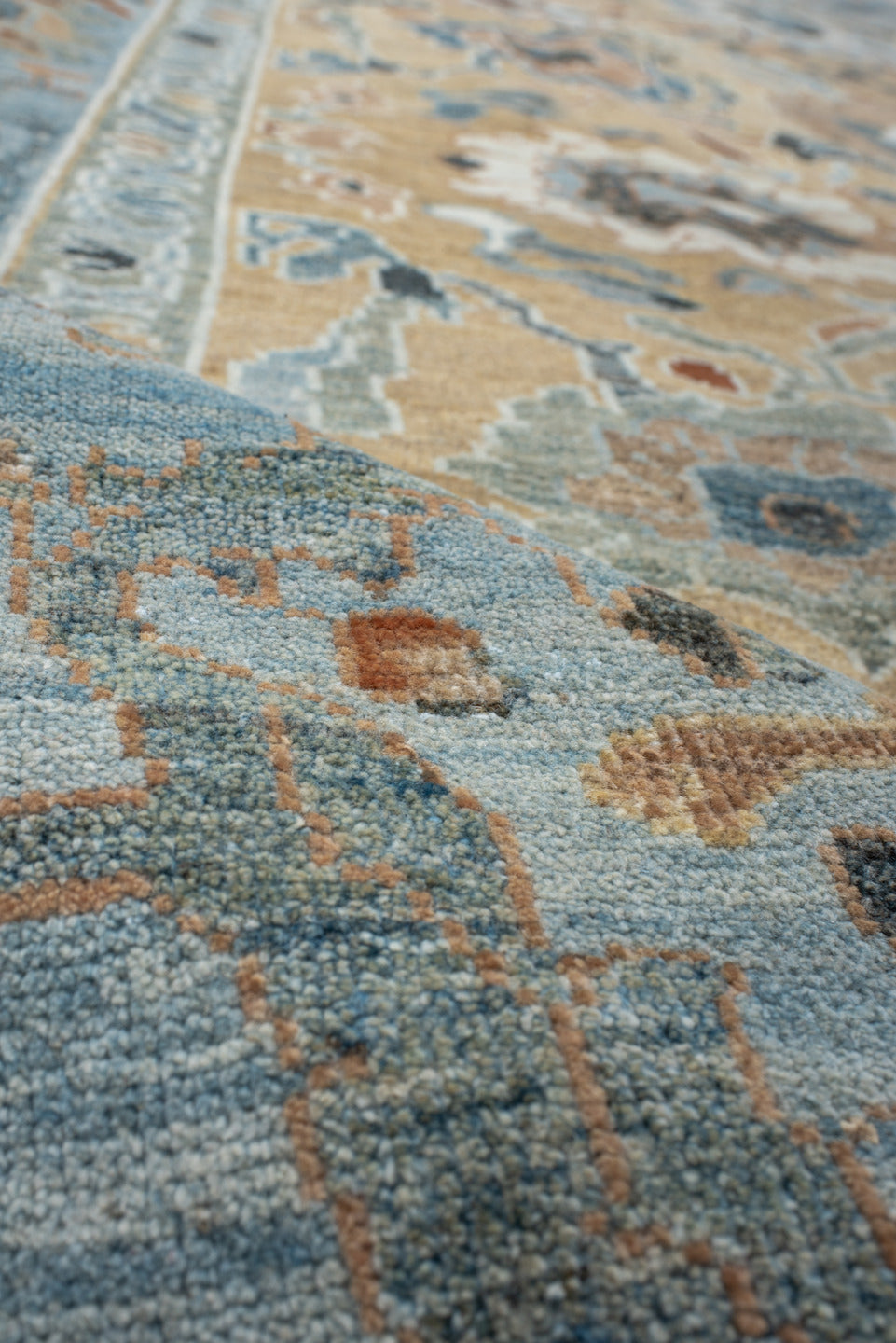 7' x 9' one-of-a-kind handmade vintage Sultanabad large size rug. Color palette: sky blue, tan, ivory, slate, camel, rust