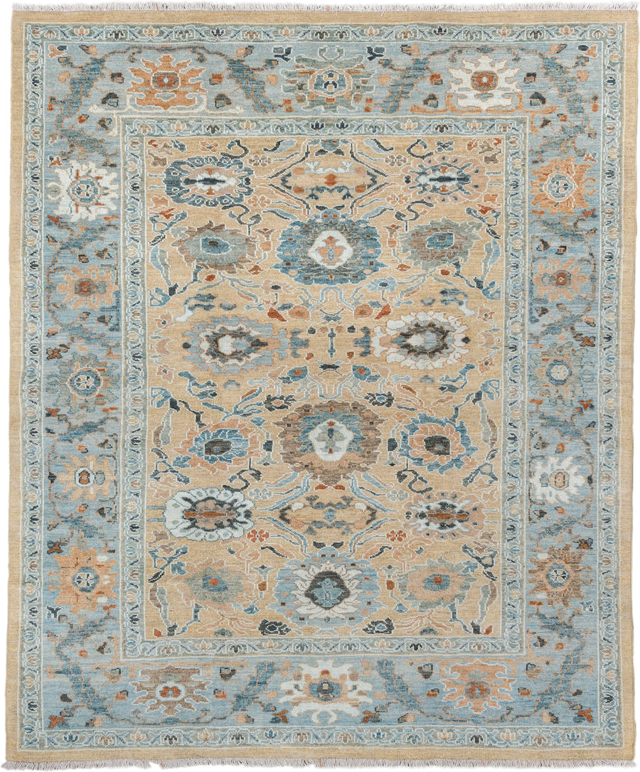 7' x 8' one-of-a-kind handmade vintage Sultanabad rug. Color palette: light blue, beige, ivory, taupe, slate, rust, brown