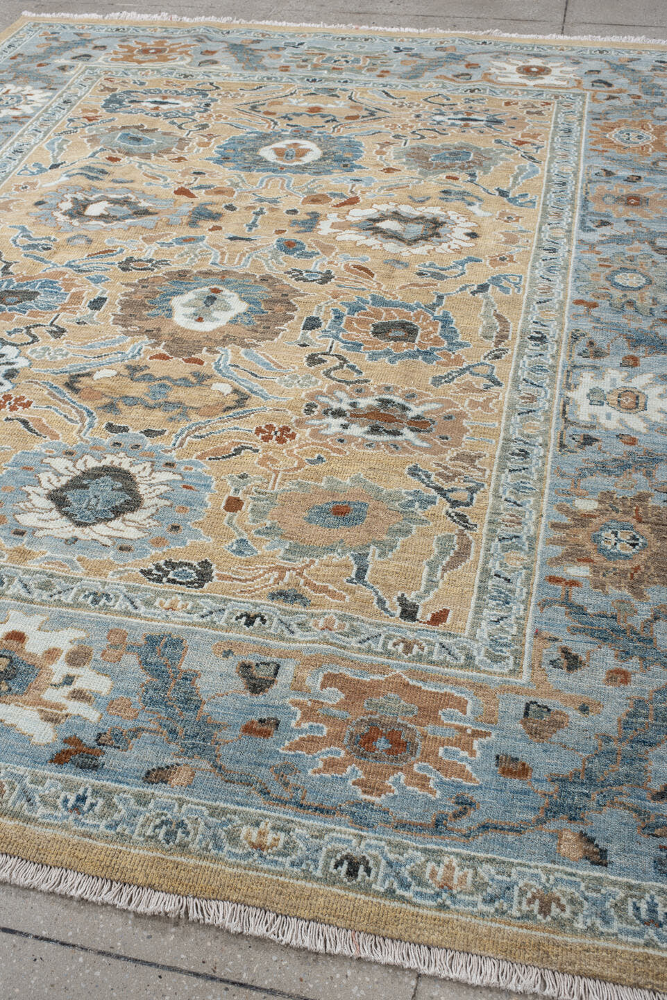7' x 8' one-of-a-kind handmade vintage Sultanabad rug. Color palette: light blue, beige, ivory, taupe, slate, rust, brown