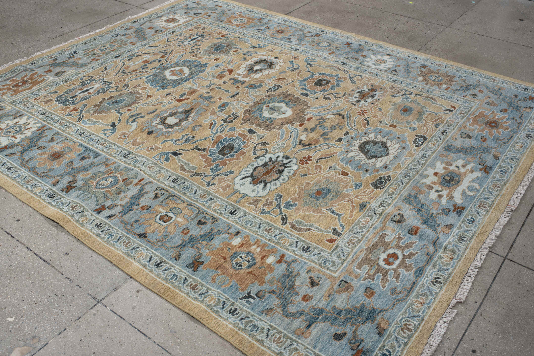 7' x 8' one-of-a-kind handmade vintage Sultanabad rug. Color palette: light blue, beige, ivory, taupe, slate, rust, brown