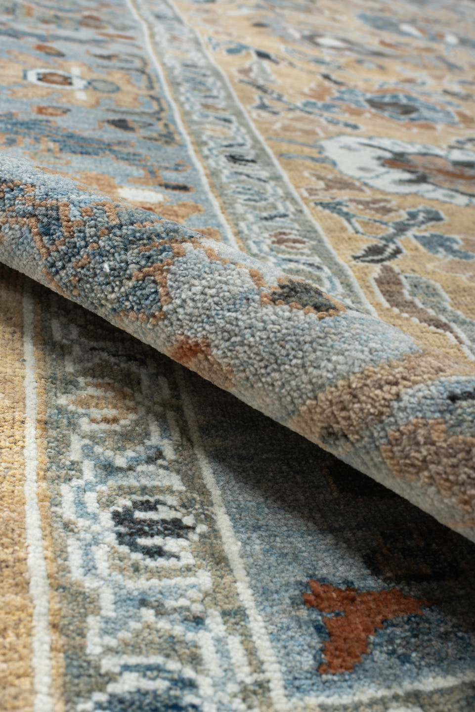 7' x 8' one-of-a-kind handmade vintage Sultanabad rug. Color palette: light blue, beige, ivory, taupe, slate, rust, brown