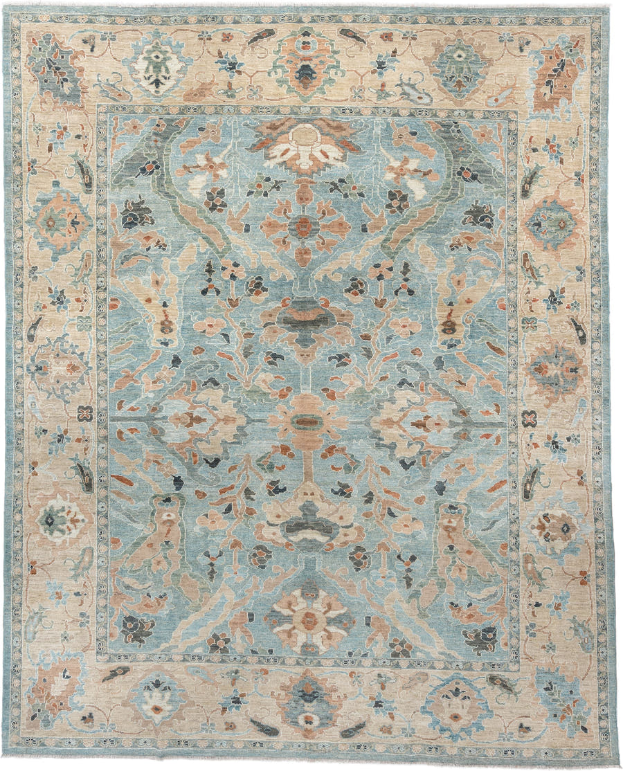 9' x 12' one-of-a-kind handmade vintage Sultanabad large size rug. Color palette: sky blue, ivory, taupe, terra cotta, slate