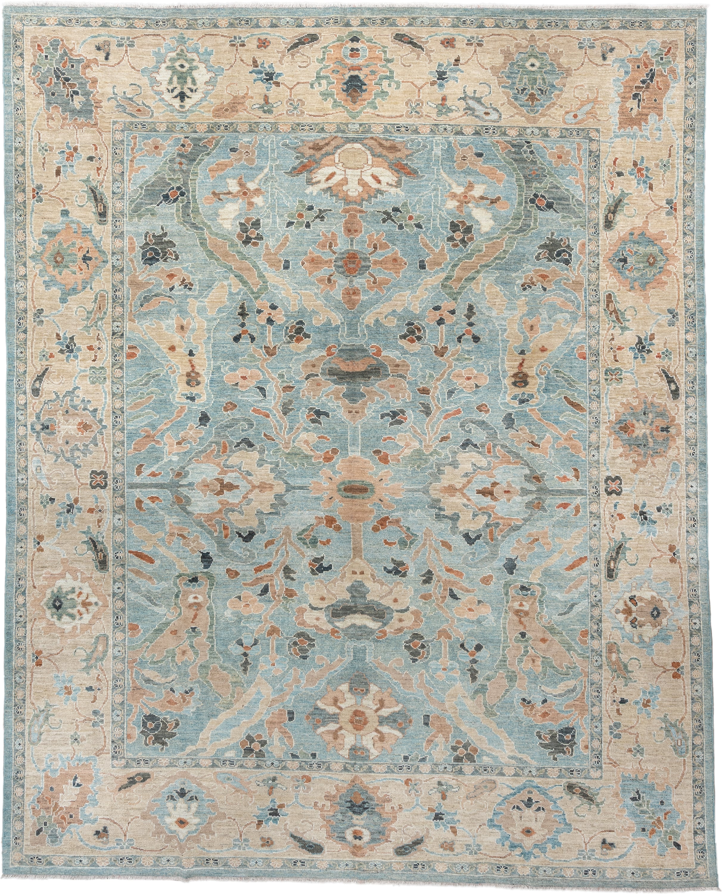 9' x 12' one-of-a-kind handmade vintage Sultanabad large size rug. Color palette: sky blue, ivory, taupe, terra cotta, slate