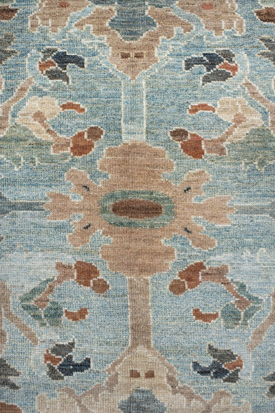 9' x 12' one-of-a-kind handmade vintage Sultanabad large size rug. Color palette: sky blue, ivory, taupe, terra cotta, slate