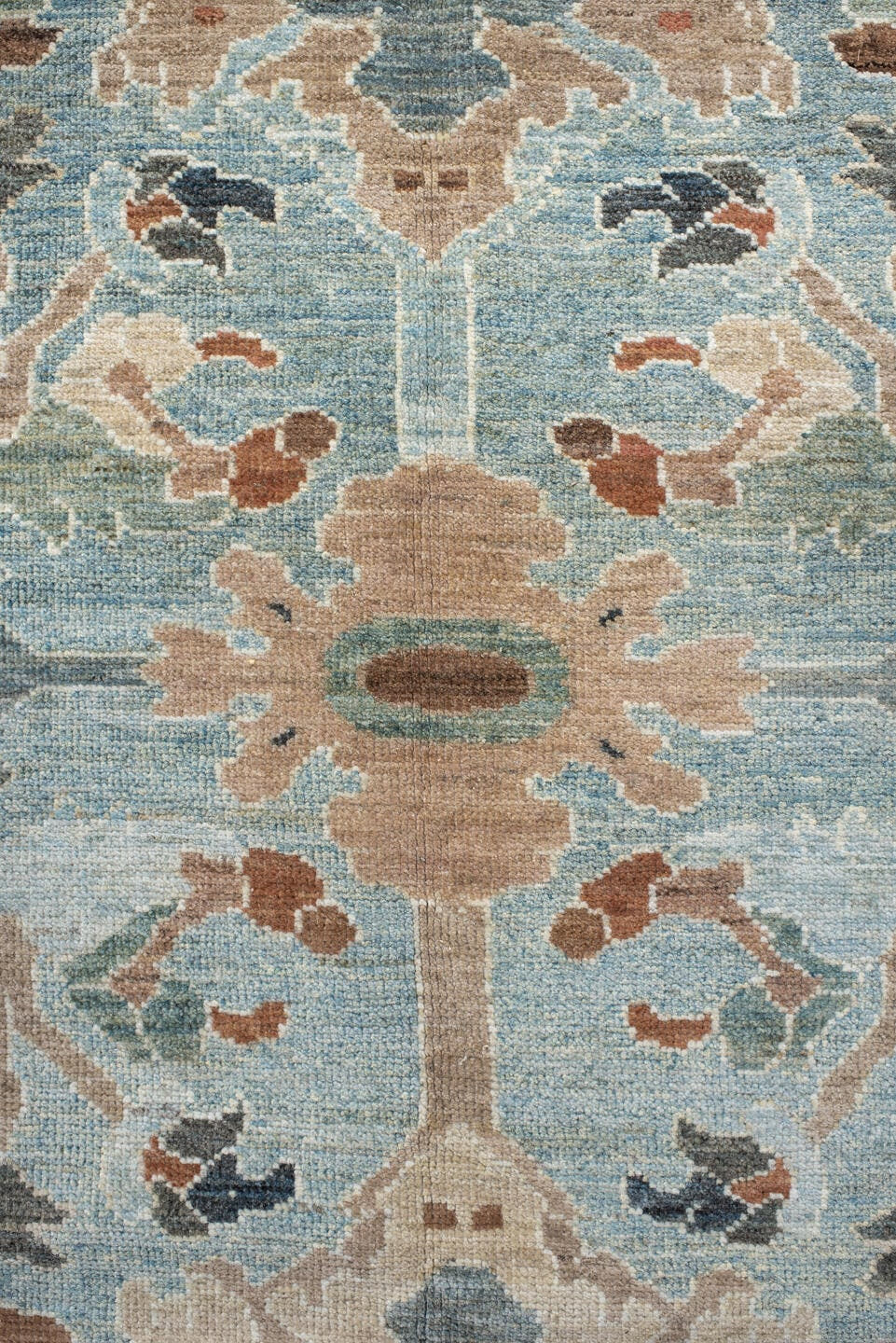 9' x 12' one-of-a-kind handmade vintage Sultanabad large size rug. Color palette: sky blue, ivory, taupe, terra cotta, slate