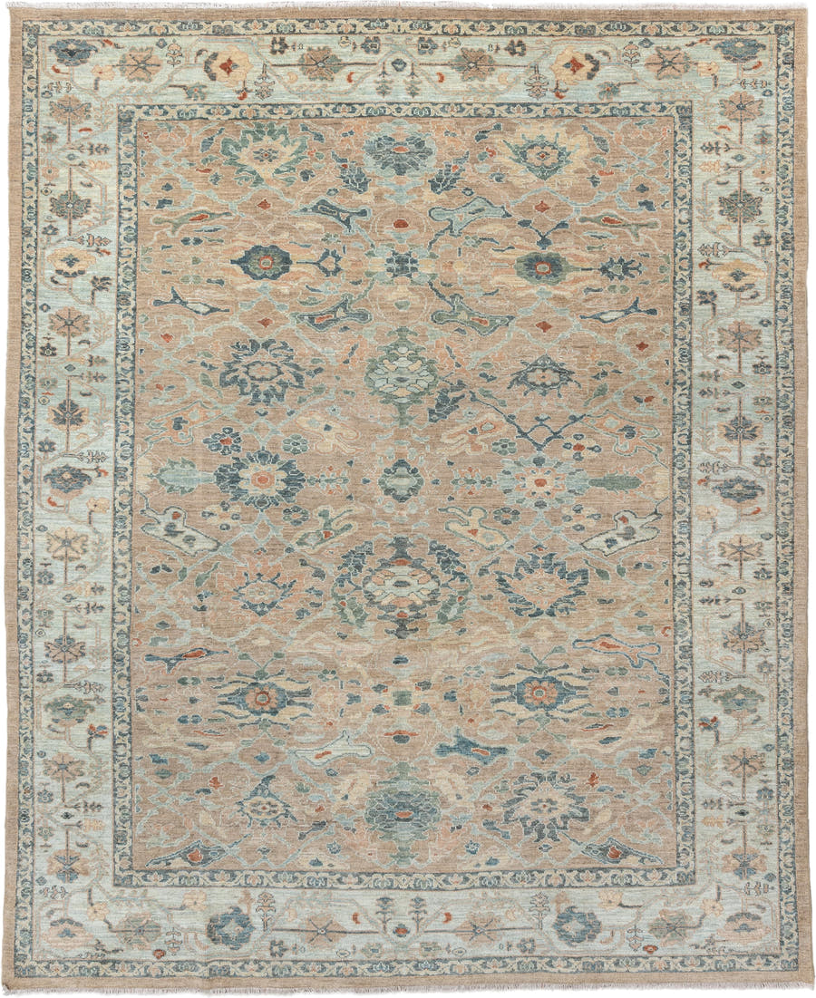 9' x 11' one-of-a-kind handmade vintage Sultanabad large size rug. Color palette: beige, ivory, muted blue, sage, taupe