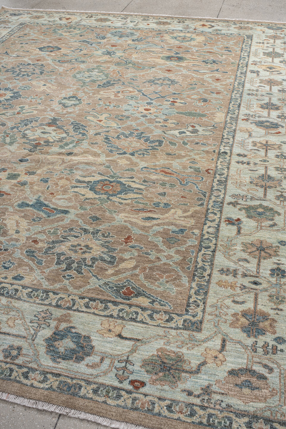 9' x 11' one-of-a-kind handmade vintage Sultanabad large size rug. Color palette: beige, ivory, muted blue, sage, taupe