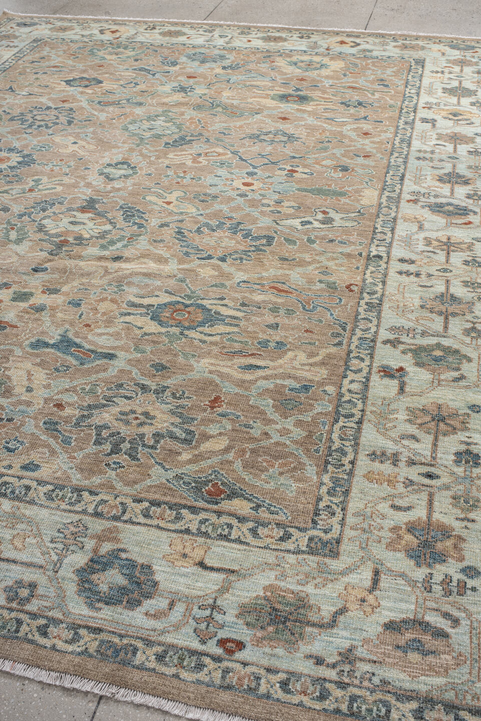 9' x 11' one-of-a-kind handmade vintage Sultanabad large size rug. Color palette: beige, ivory, muted blue, sage, taupe
