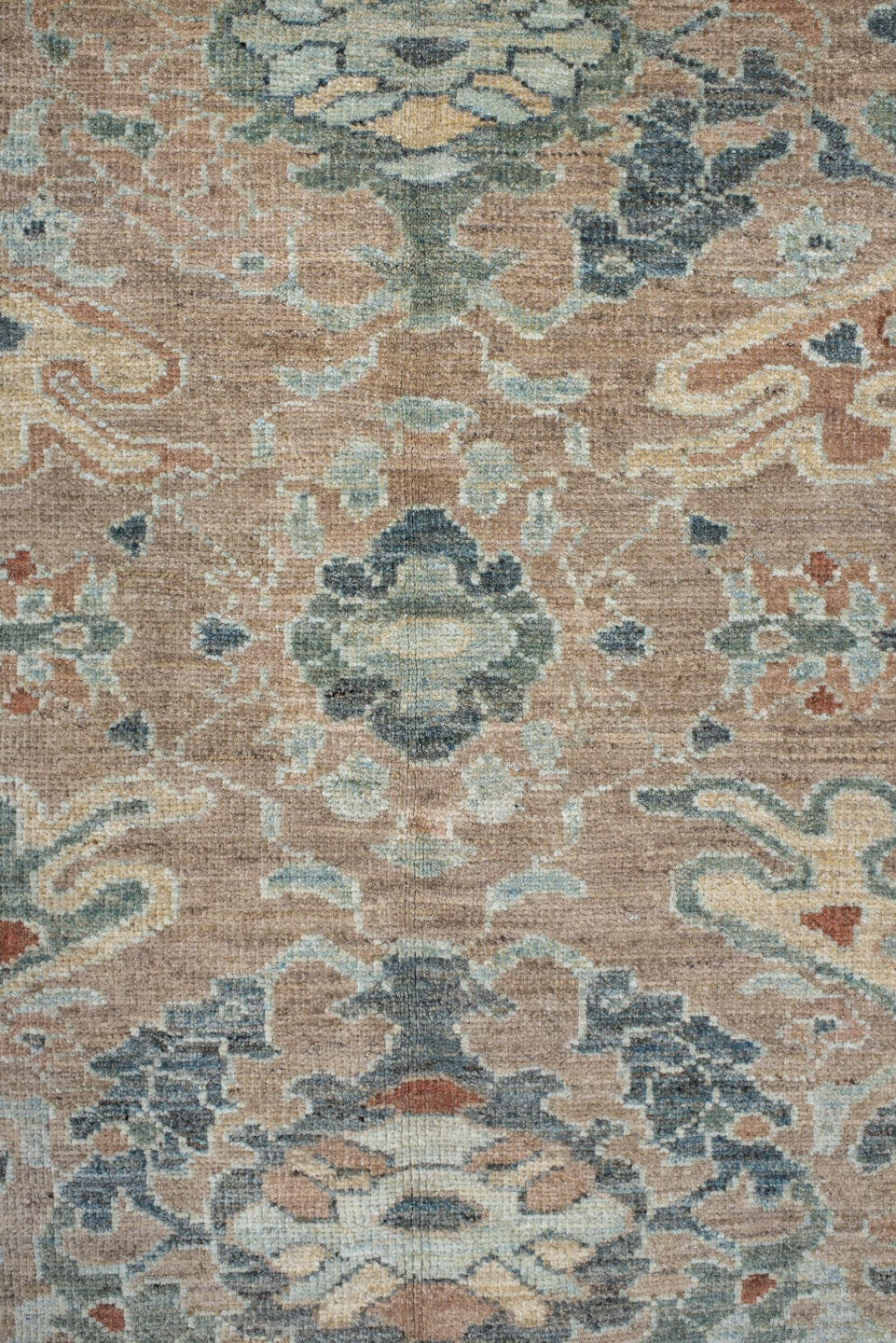 9' x 11' one-of-a-kind handmade vintage Sultanabad large size rug. Color palette: beige, ivory, muted blue, sage, taupe
