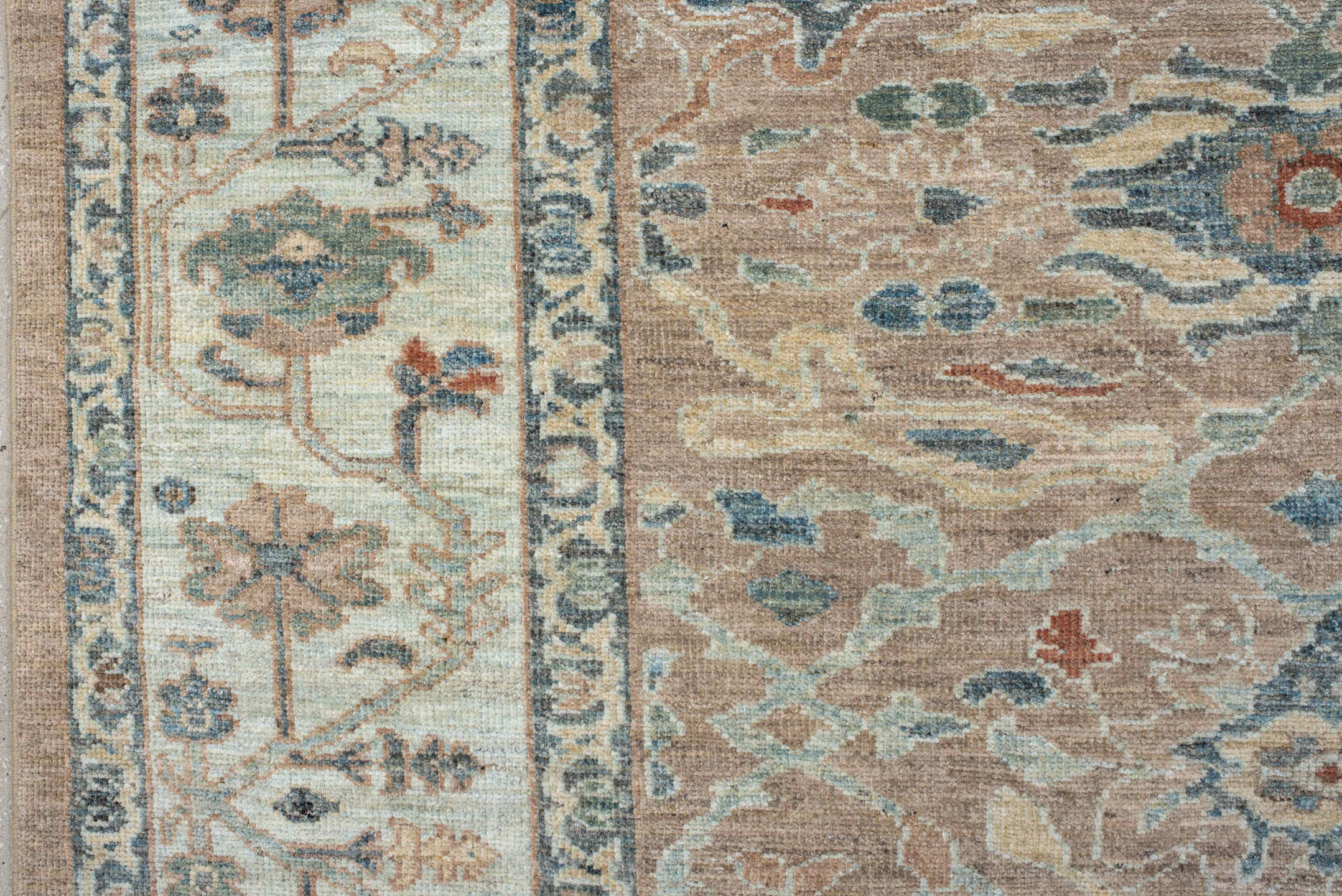 9' x 11' one-of-a-kind handmade vintage Sultanabad large size rug. Color palette: beige, ivory, muted blue, sage, taupe