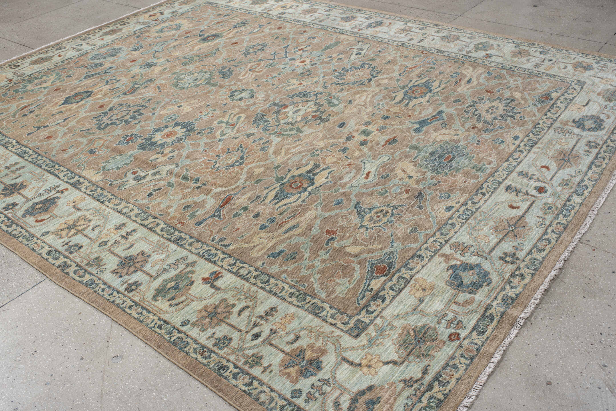 9' x 11' one-of-a-kind handmade vintage Sultanabad large size rug. Color palette: beige, ivory, muted blue, sage, taupe
