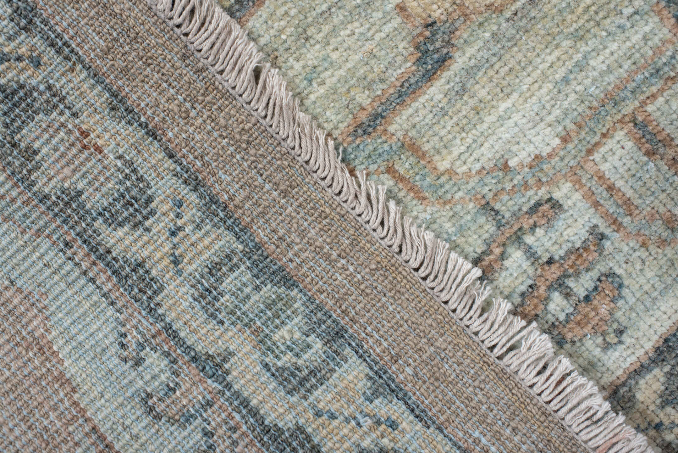 9' x 11' one-of-a-kind handmade vintage Sultanabad large size rug. Color palette: beige, ivory, muted blue, sage, taupe