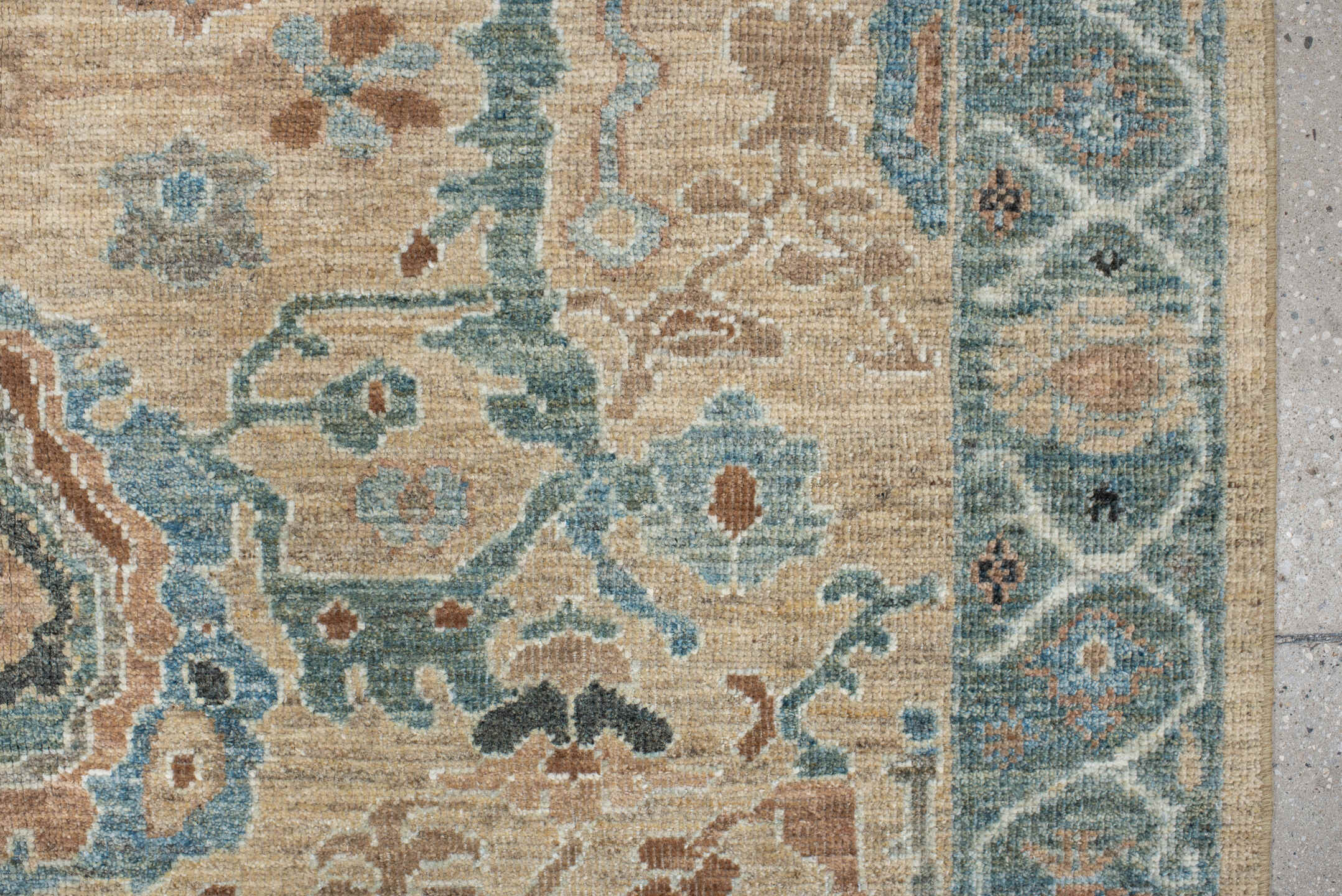 5' x 7' one-of-a-kind handmade vintage Sultanabad rug. Color palette: beige, aqua, ivory, taupe, terracotta, slate, camel
