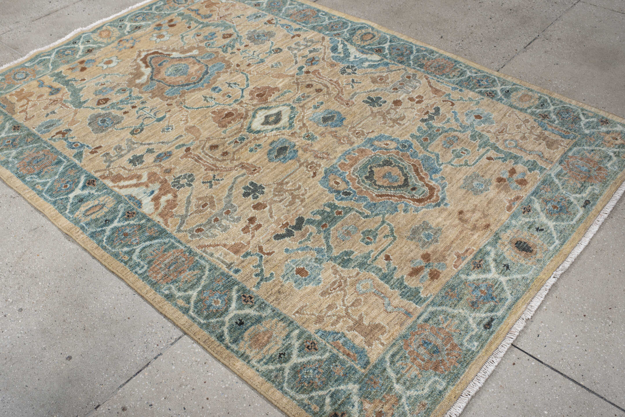 5' x 7' one-of-a-kind handmade vintage Sultanabad rug. Color palette: beige, aqua, ivory, taupe, terracotta, slate, camel