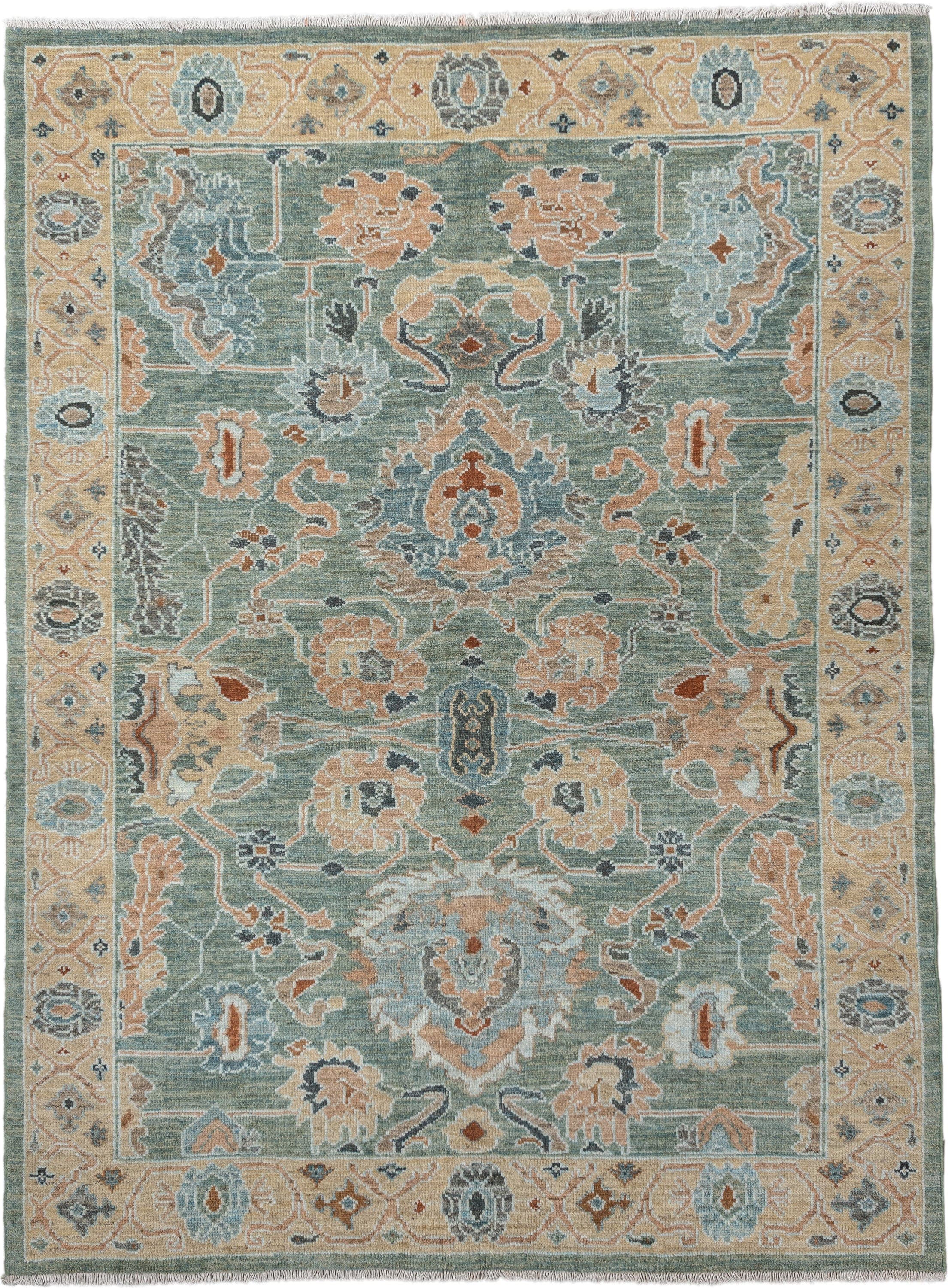 5' x 7' one-of-a-kind handmade vintage Sultanabad rug. Color palette: sage, ivory, peach, slate, rust, cream, charcoal