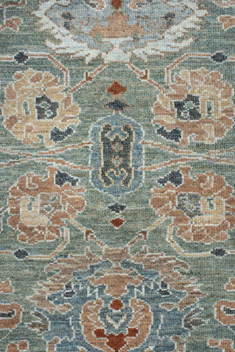 5' x 7' one-of-a-kind handmade vintage Sultanabad rug. Color palette: sage, ivory, peach, slate, rust, cream, charcoal