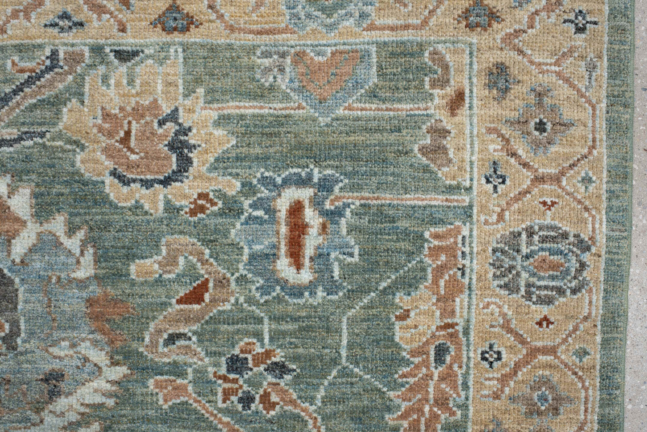 5' x 7' one-of-a-kind handmade vintage Sultanabad rug. Color palette: sage, ivory, peach, slate, rust, cream, charcoal