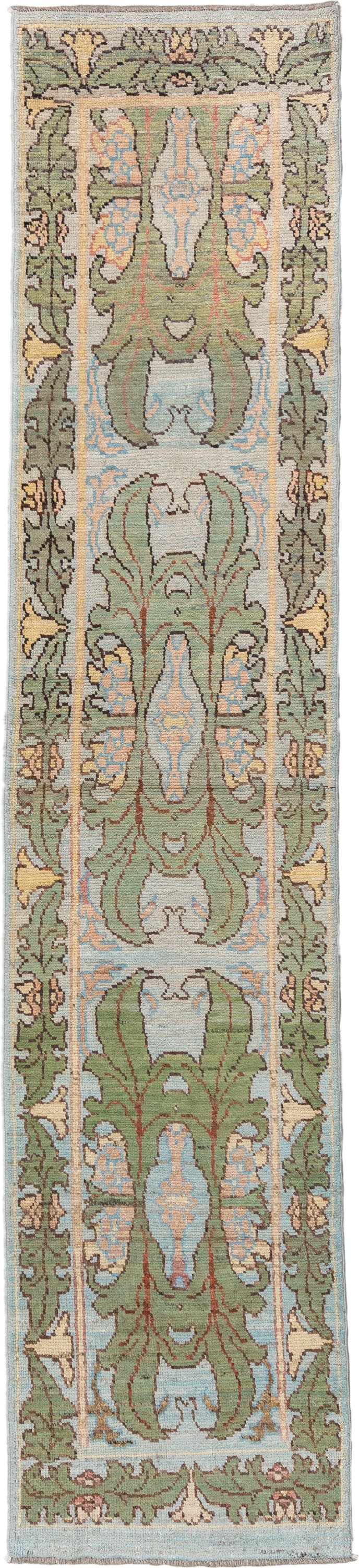 2' x 13' one-of-a-kind handmade vintage Arts & Crafts runner rug. Color palette: sage, ivory, pale blue, taupe, camel, olive