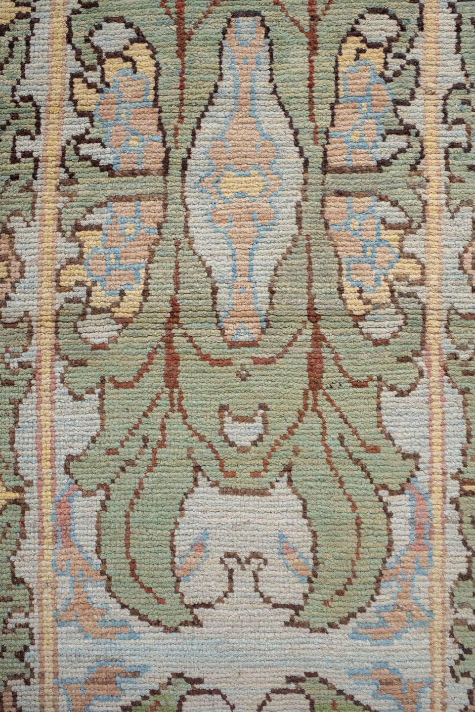 2' x 13' one-of-a-kind handmade vintage Arts & Crafts runner rug. Color palette: sage, ivory, pale blue, taupe, camel, olive