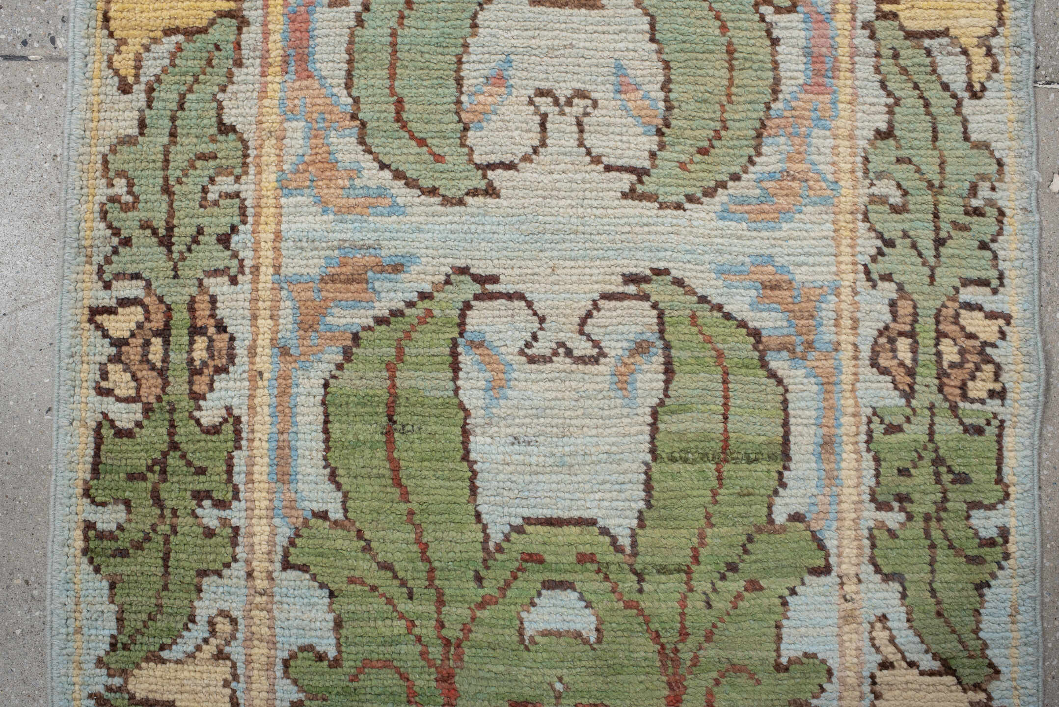 2' x 13' one-of-a-kind handmade vintage Arts & Crafts runner rug. Color palette: sage, ivory, pale blue, taupe, camel, olive