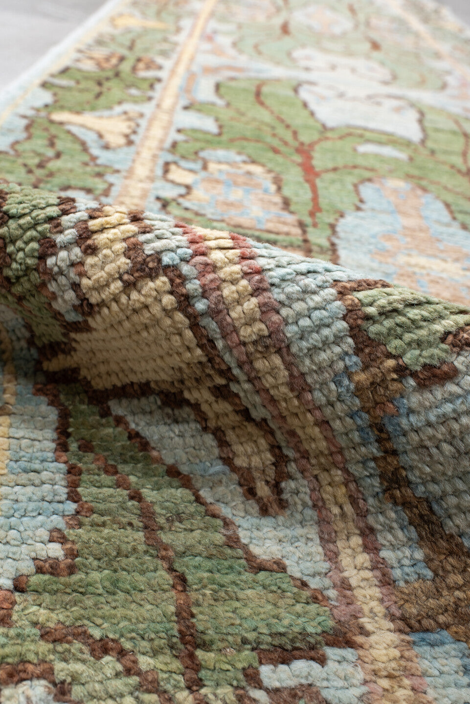 2' x 13' one-of-a-kind handmade vintage Arts & Crafts runner rug. Color palette: sage, ivory, pale blue, taupe, camel, olive