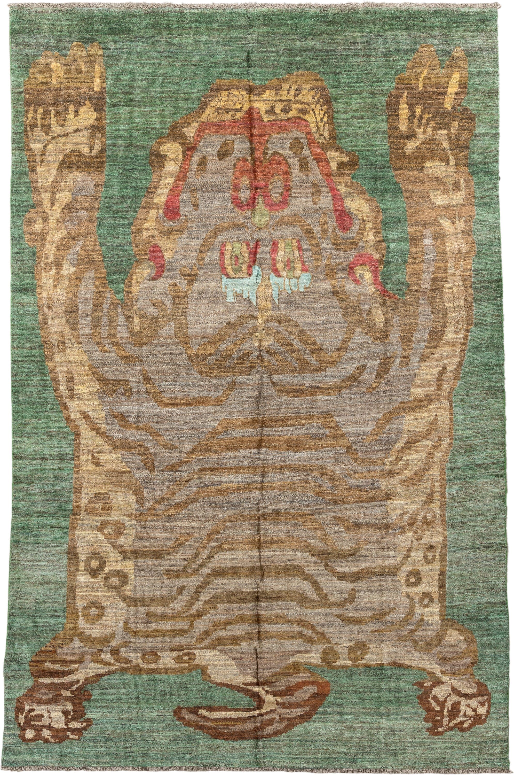 8' x 13' one-of-a-kind handmade vintage Tiger large size rug. Color palette: sage, taupe, camel, brown, rust, ivory