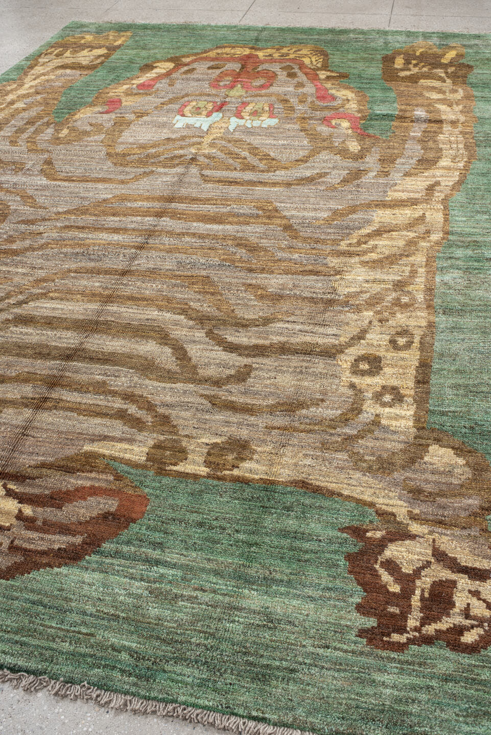 8' x 13' one-of-a-kind handmade vintage Tiger large size rug. Color palette: sage, taupe, camel, brown, rust, ivory