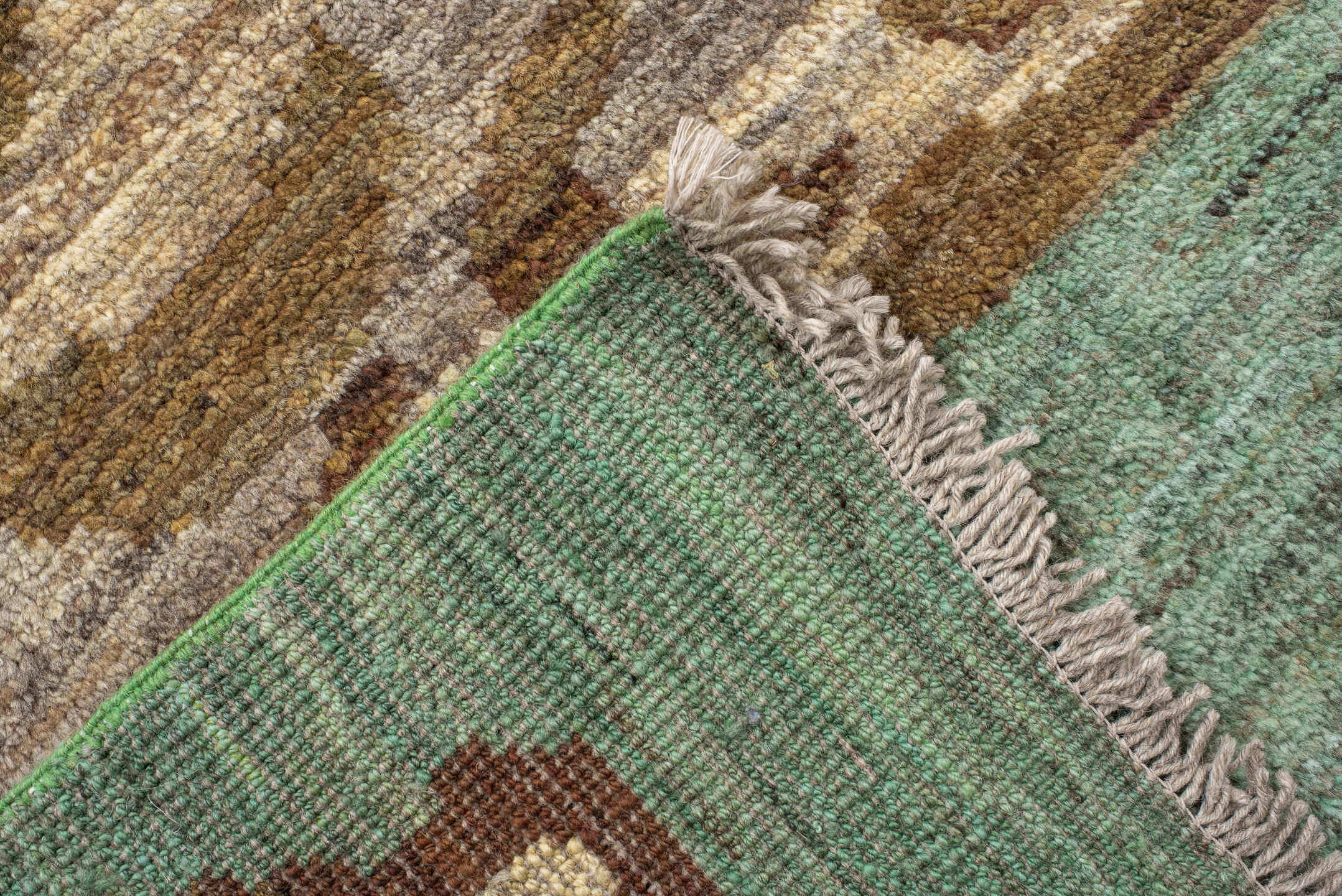 8' x 13' one-of-a-kind handmade vintage Tiger large size rug. Color palette: sage, taupe, camel, brown, rust, ivory