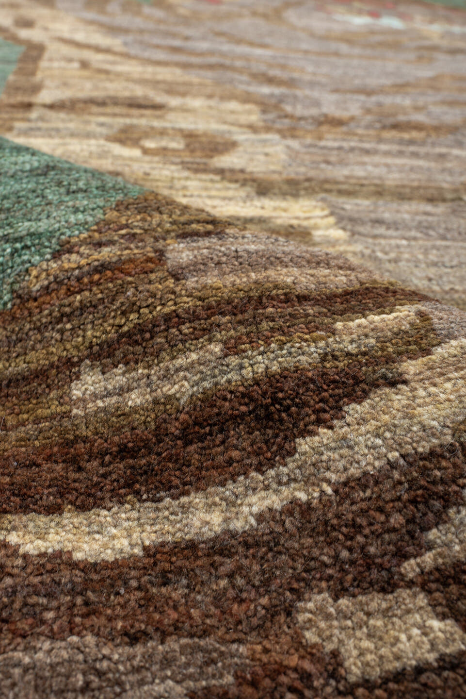 8' x 13' one-of-a-kind handmade vintage Tiger large size rug. Color palette: sage, taupe, camel, brown, rust, ivory