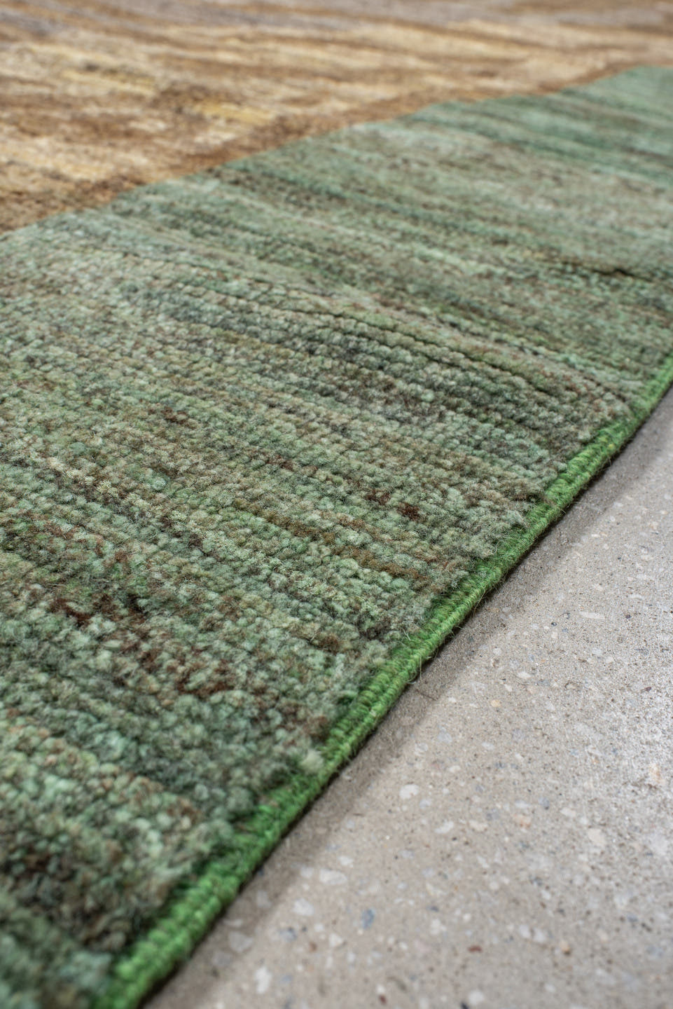 8' x 13' one-of-a-kind handmade vintage Tiger large size rug. Color palette: sage, taupe, camel, brown, rust, ivory