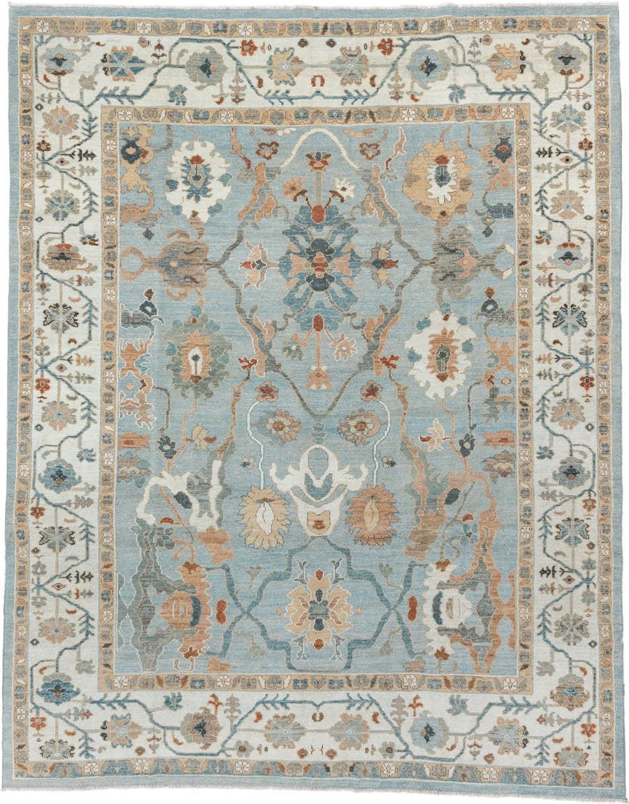 8' x 11' one-of-a-kind handmade vintage Oushak large size rug. Color palette: light blue, ivory, taupe, beige, slate