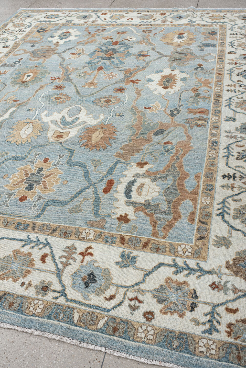 8' x 11' one-of-a-kind handmade vintage Oushak large size rug. Color palette: light blue, ivory, taupe, beige, slate