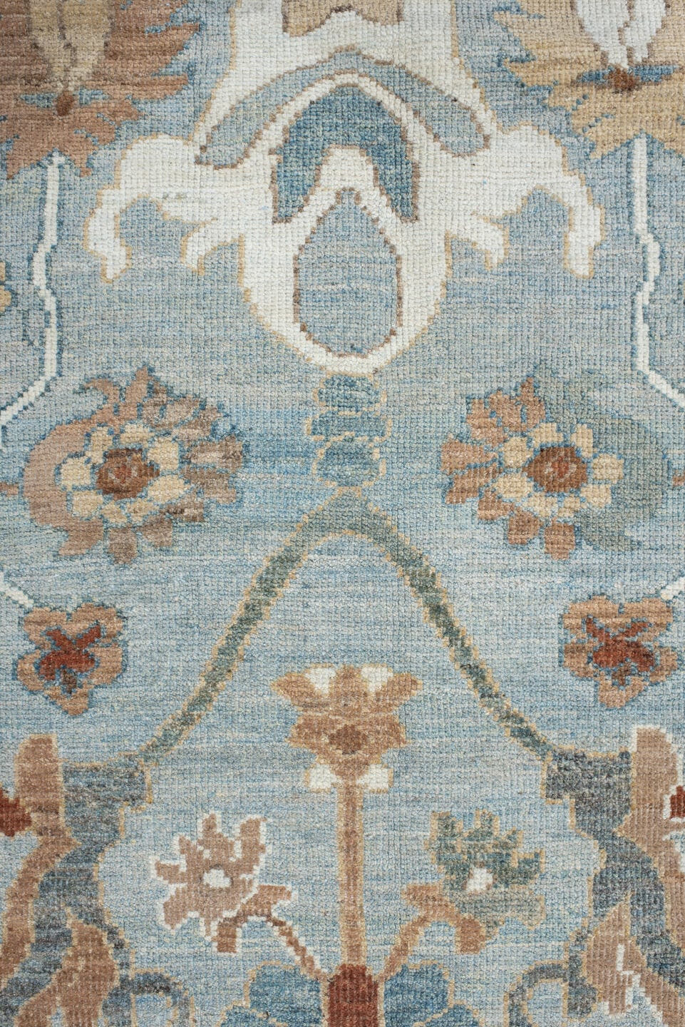8' x 11' one-of-a-kind handmade vintage Oushak large size rug. Color palette: light blue, ivory, taupe, beige, slate