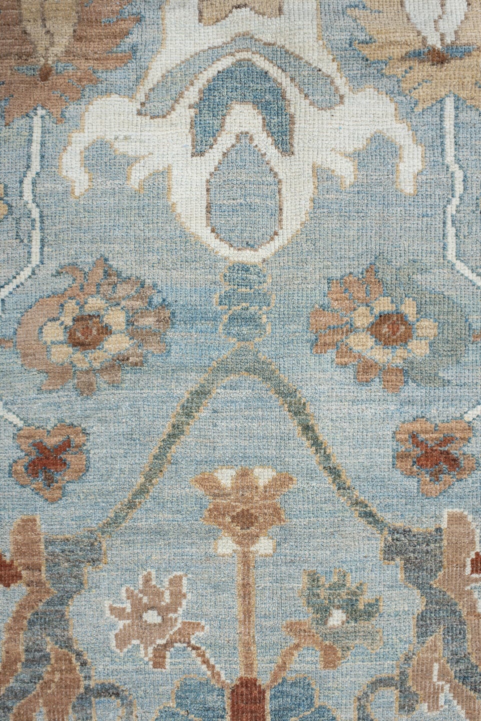8' x 11' one-of-a-kind handmade vintage Oushak large size rug. Color palette: light blue, ivory, taupe, beige, slate