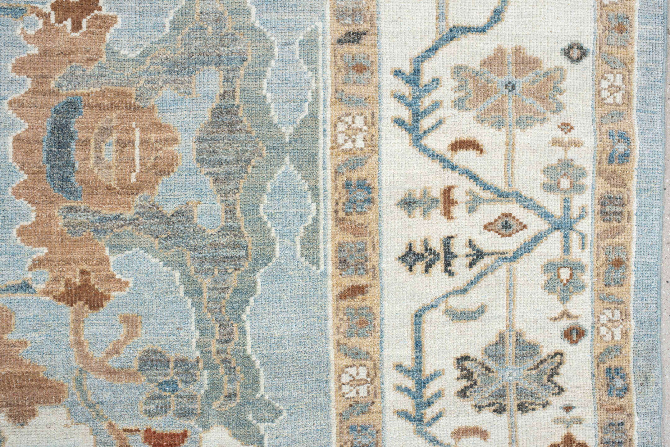 8' x 11' one-of-a-kind handmade vintage Oushak large size rug. Color palette: light blue, ivory, taupe, beige, slate