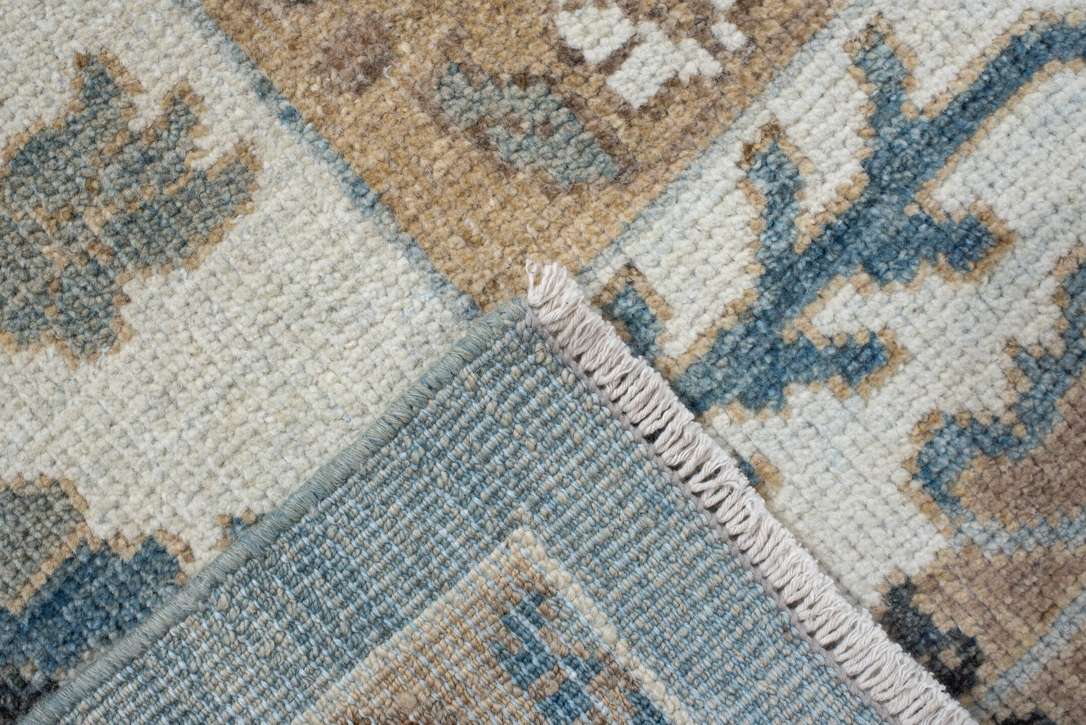 8' x 11' one-of-a-kind handmade vintage Oushak large size rug. Color palette: light blue, ivory, taupe, beige, slate