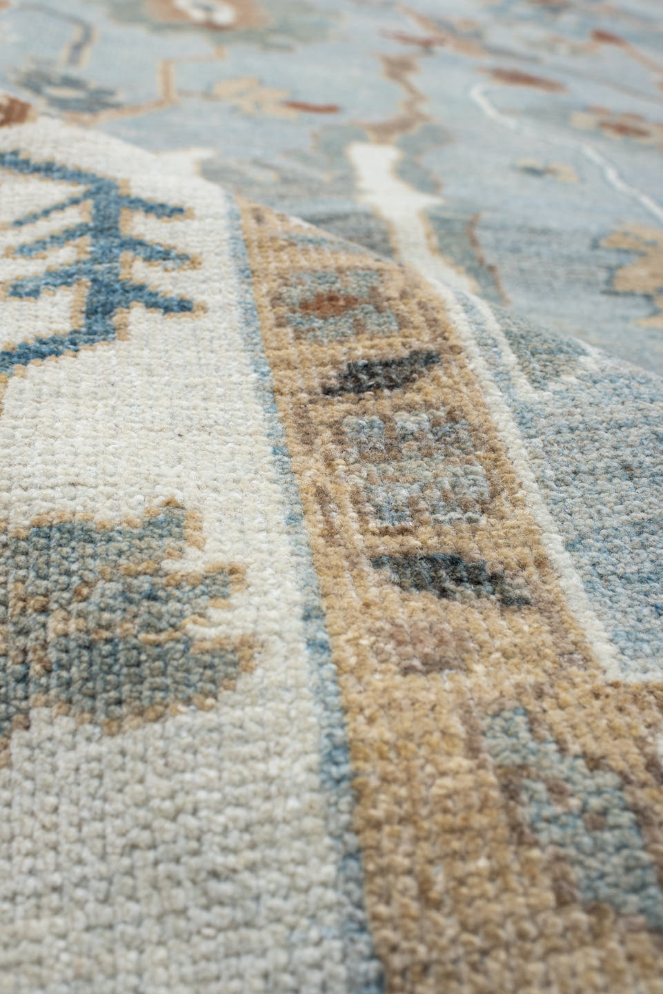 8' x 11' one-of-a-kind handmade vintage Oushak large size rug. Color palette: light blue, ivory, taupe, beige, slate