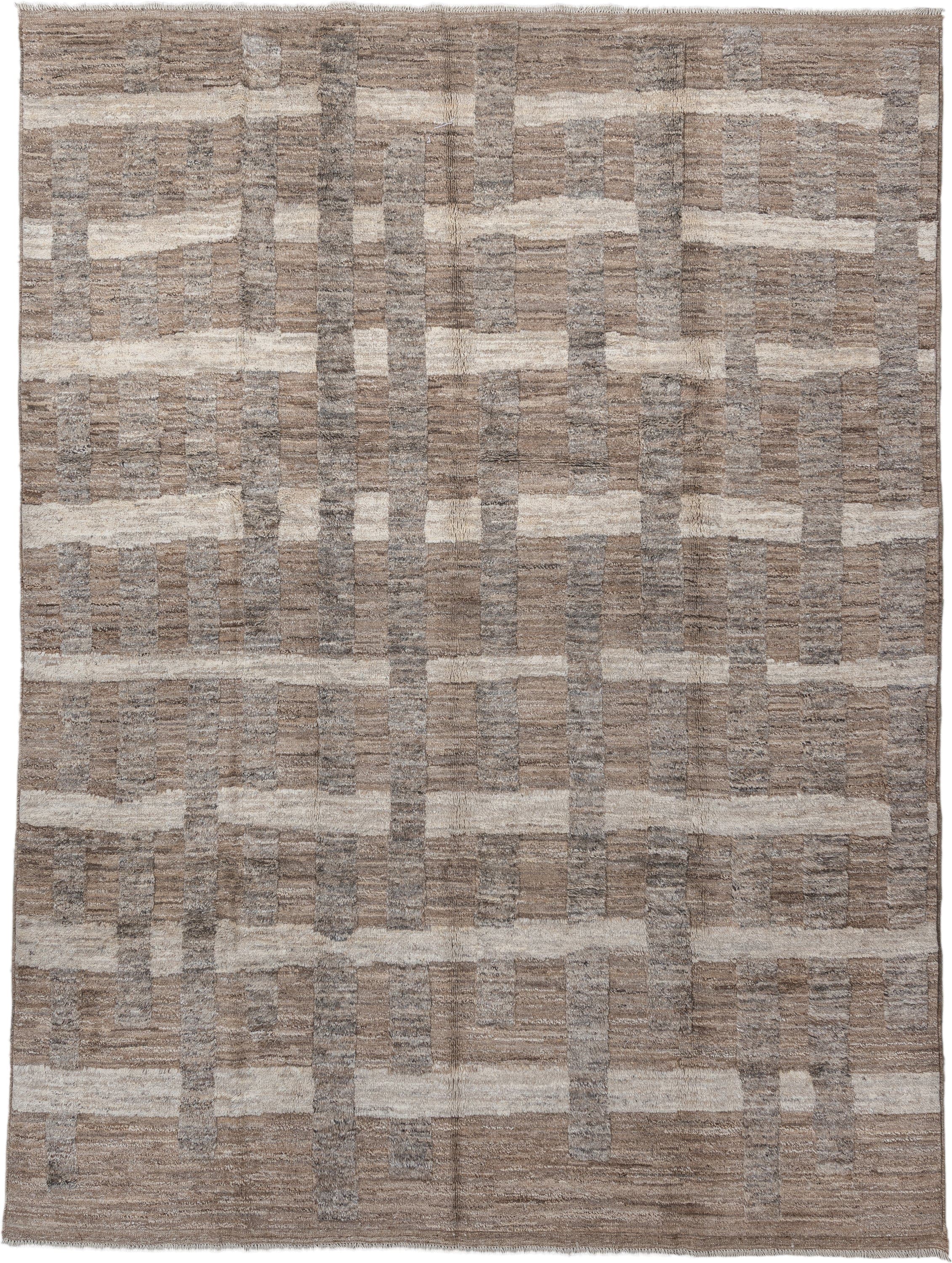 9' x 12' one-of-a-kind handmade vintage Moroccan large size rug. Color palette: taupe, ivory, stone, greige, beige, camel