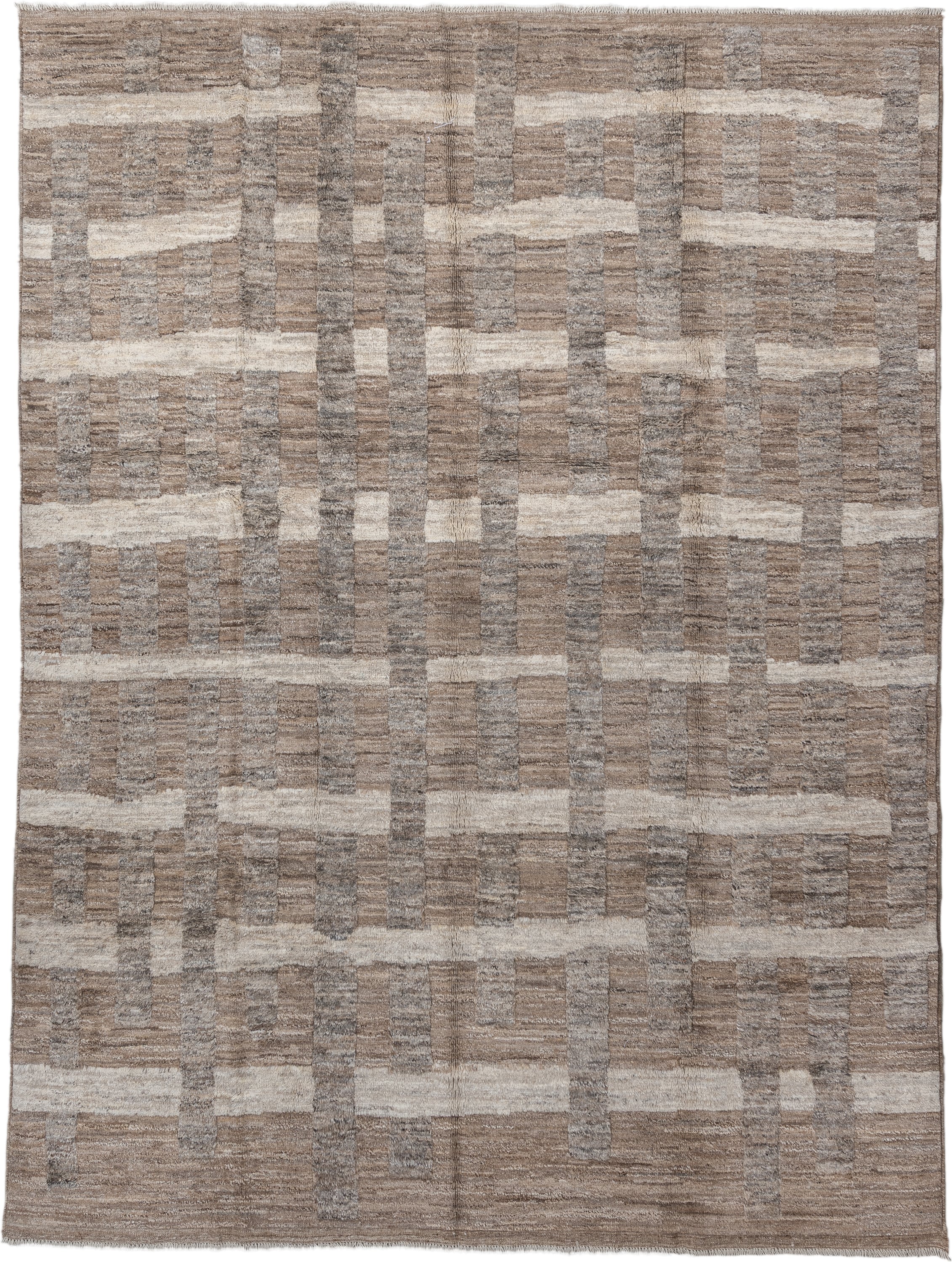 9' x 12' one-of-a-kind handmade vintage Moroccan large size rug. Color palette: taupe, ivory, stone, greige, beige, camel