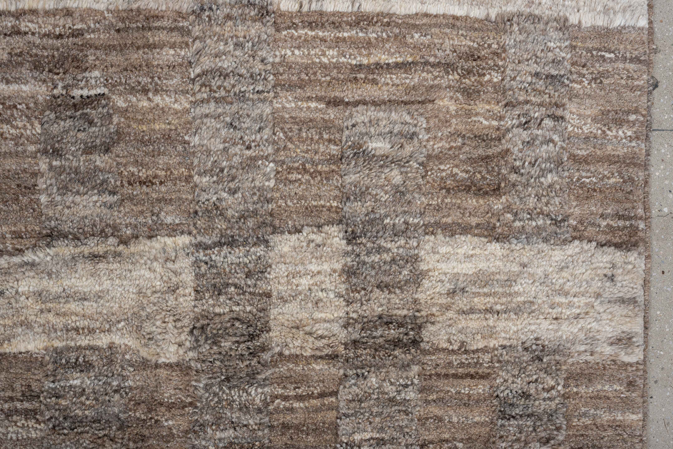 9' x 12' one-of-a-kind handmade vintage Moroccan large size rug. Color palette: taupe, ivory, stone, greige, beige, camel