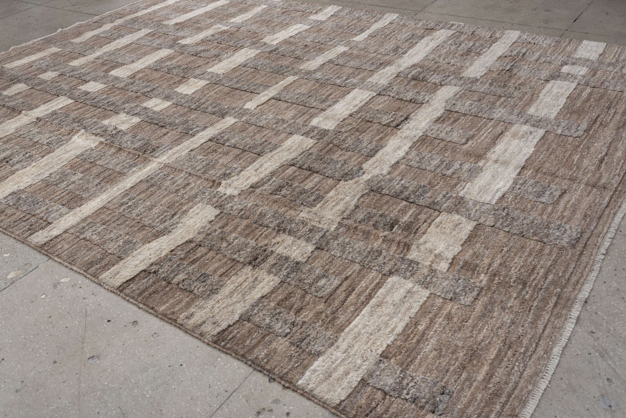 9' x 12' one-of-a-kind handmade vintage Moroccan large size rug. Color palette: taupe, ivory, stone, greige, beige, camel