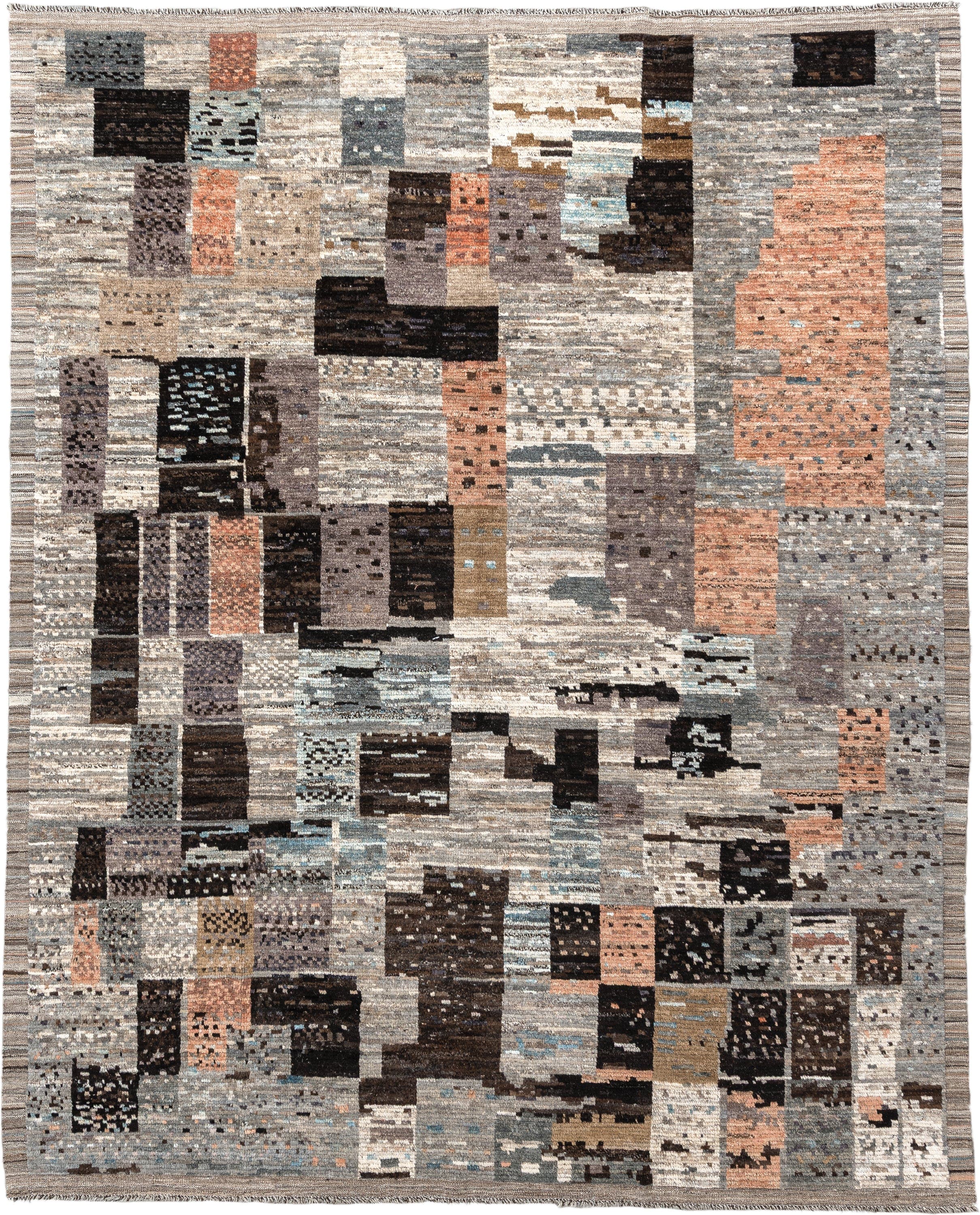 8' x 10' one-of-a-kind handmade vintage Tulu large size rug. Color palette: gray, ivory, taupe, charcoal, terracotta, brown