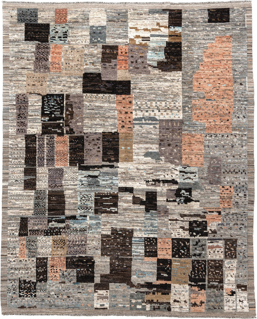 8' x 10' one-of-a-kind handmade vintage Tulu large size rug. Color palette: gray, ivory, taupe, charcoal, terracotta, brown