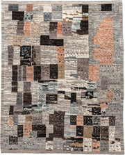 8' x 10' one-of-a-kind handmade vintage Tulu large size rug. Color palette: gray, ivory, taupe, charcoal, terracotta, brown