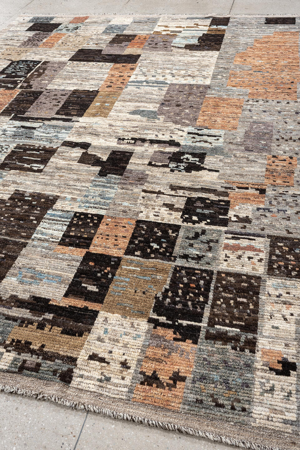 8' x 10' one-of-a-kind handmade vintage Tulu large size rug. Color palette: gray, ivory, taupe, charcoal, terracotta, brown
